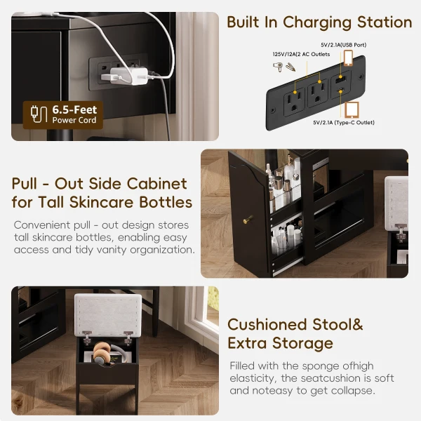 Vanity Desk Set with Storage Cushioned Stool and Charging Station, Triangle Makeup Desk with - Image 4