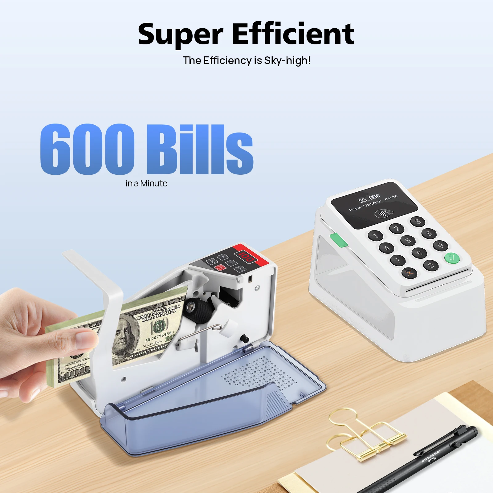 Portable Money Counting Machine 600 Sheets/Minute Banknote Counter with LED Display Batch ADD Mode for Small Business Bank - Image 2