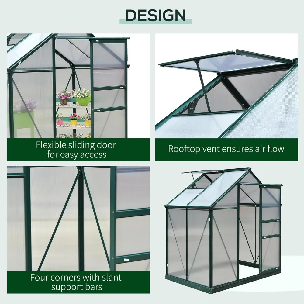 6' x 4' Greenhouse for Outdoors, Polycarbonate Greenhouse with Rain Gutter and Roof Vent, Aluminum Walk-in Green Houses - Image 4