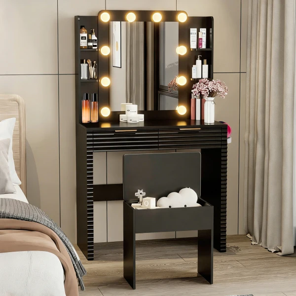 Makeup Vanity Desk with 10 Bulbs, Fluted Dressing Table with Charging Station, 2 Drawers and 4 Open - Image 2