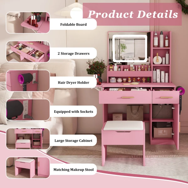 Vanity Desk with LED Mirror Lights and Power Outlet Charging Station, Makeup Dressing Table with 3 - Image 5