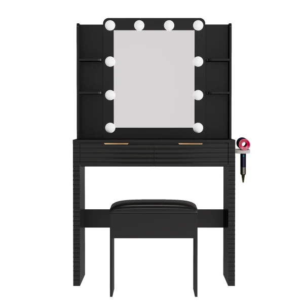 Makeup Vanity Desk with 10 Bulbs, Fluted Dressing Table with Charging Station, 2 Drawers and 4 Open - Image 6