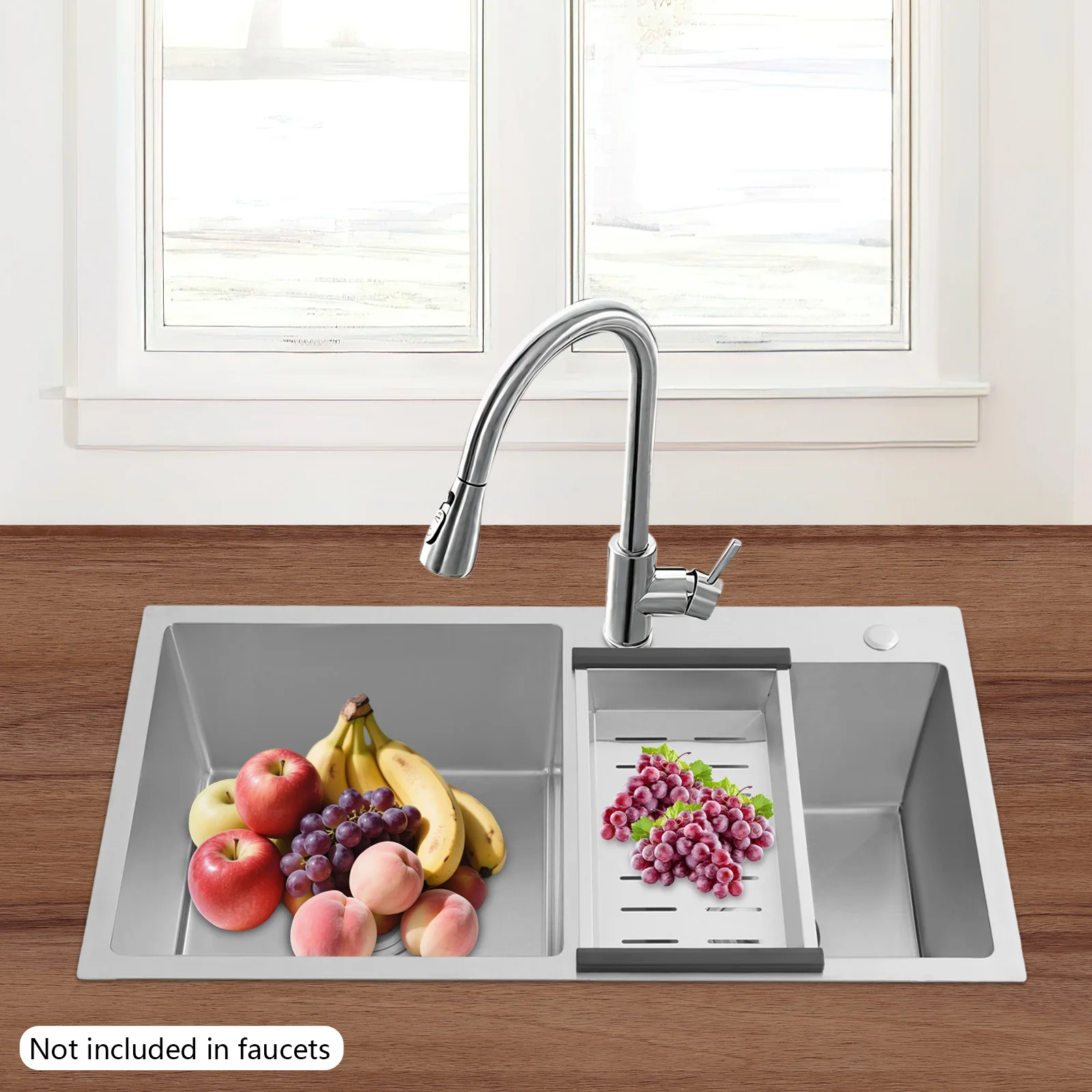 Stainless Steel Double Kitchen Sink Anti-Condensation Soundproof Pads with Drain Basket 78*43*21cm for Home Bar Restaurant