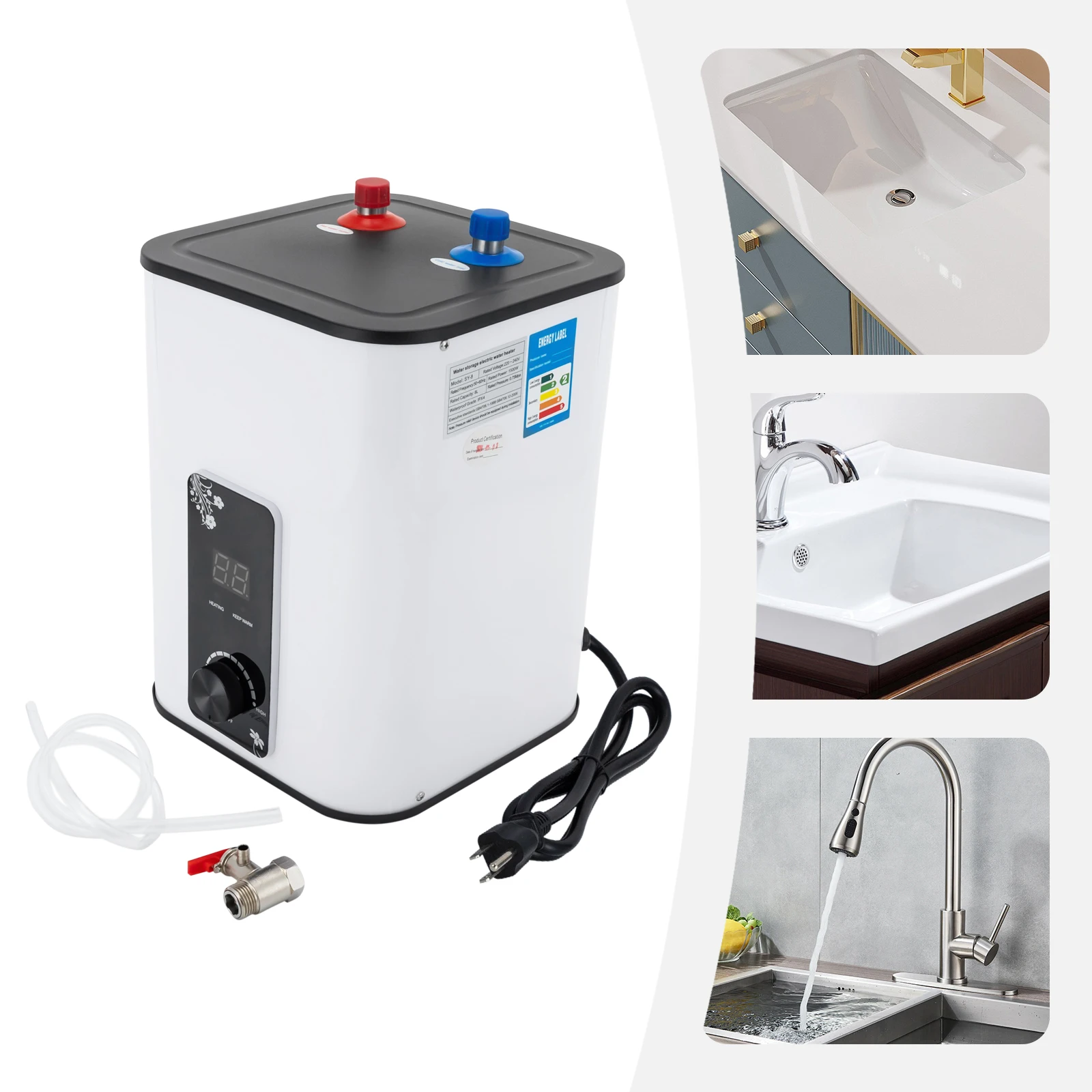8L Electric Water Heater 110V Under Sink Mini Tank 1500W Adjustable Temp Digital Display for Kitchen RV Bathroom