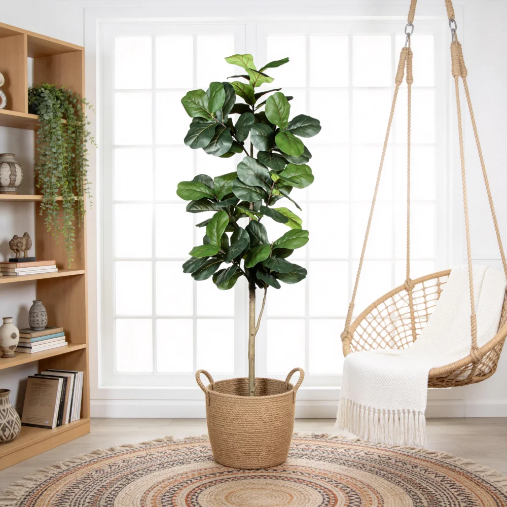 6FT Real Touch Fiddle Leaf Fig Artificial Tree Fake Plant Indoor Home Living Room Office Decor with Black Plastic Pot 1PC - Image 2