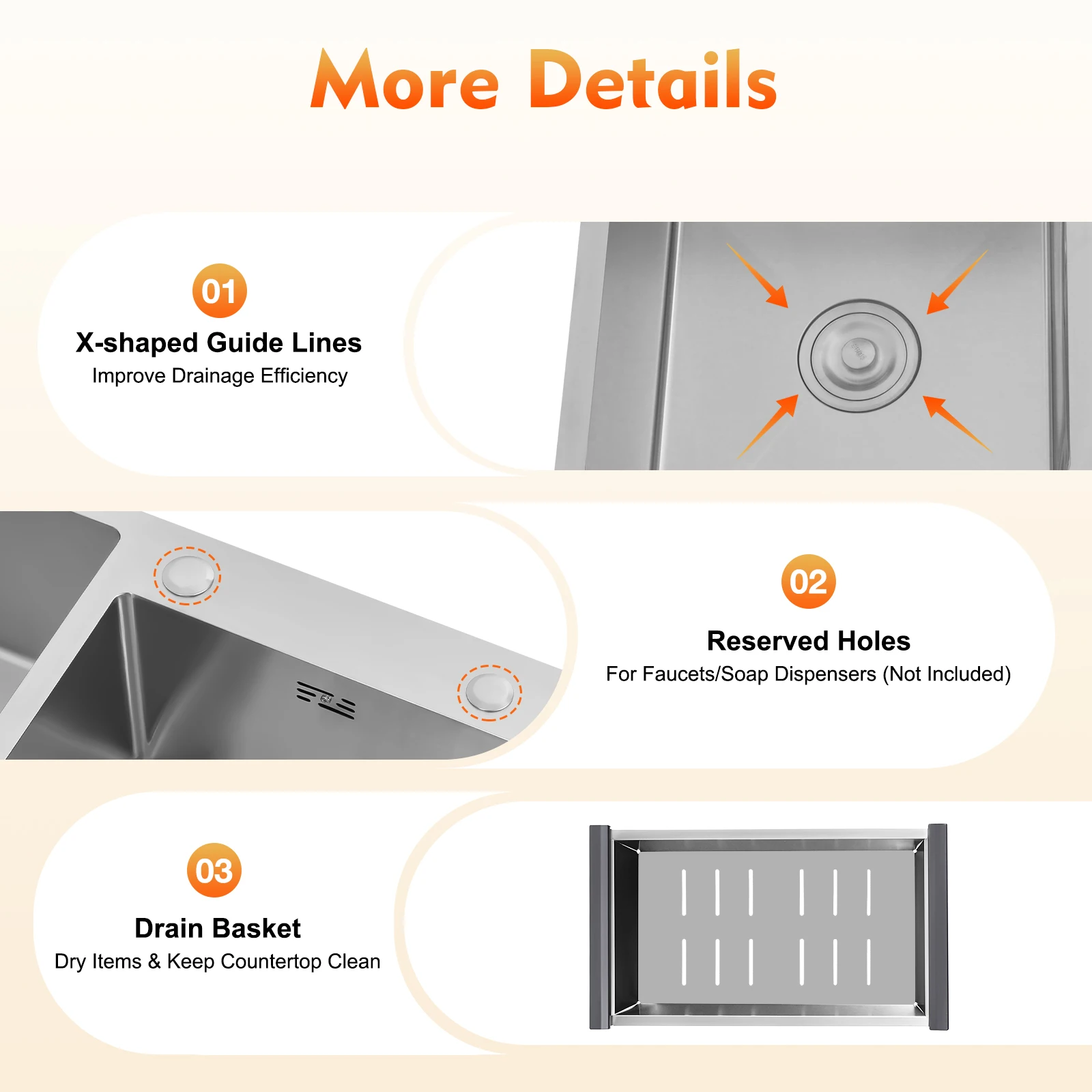 Stainless Steel Double Kitchen Sink Anti-Condensation Soundproof Pads with Drain Basket 78*43*21cm for Home Bar Restaurant - Image 5