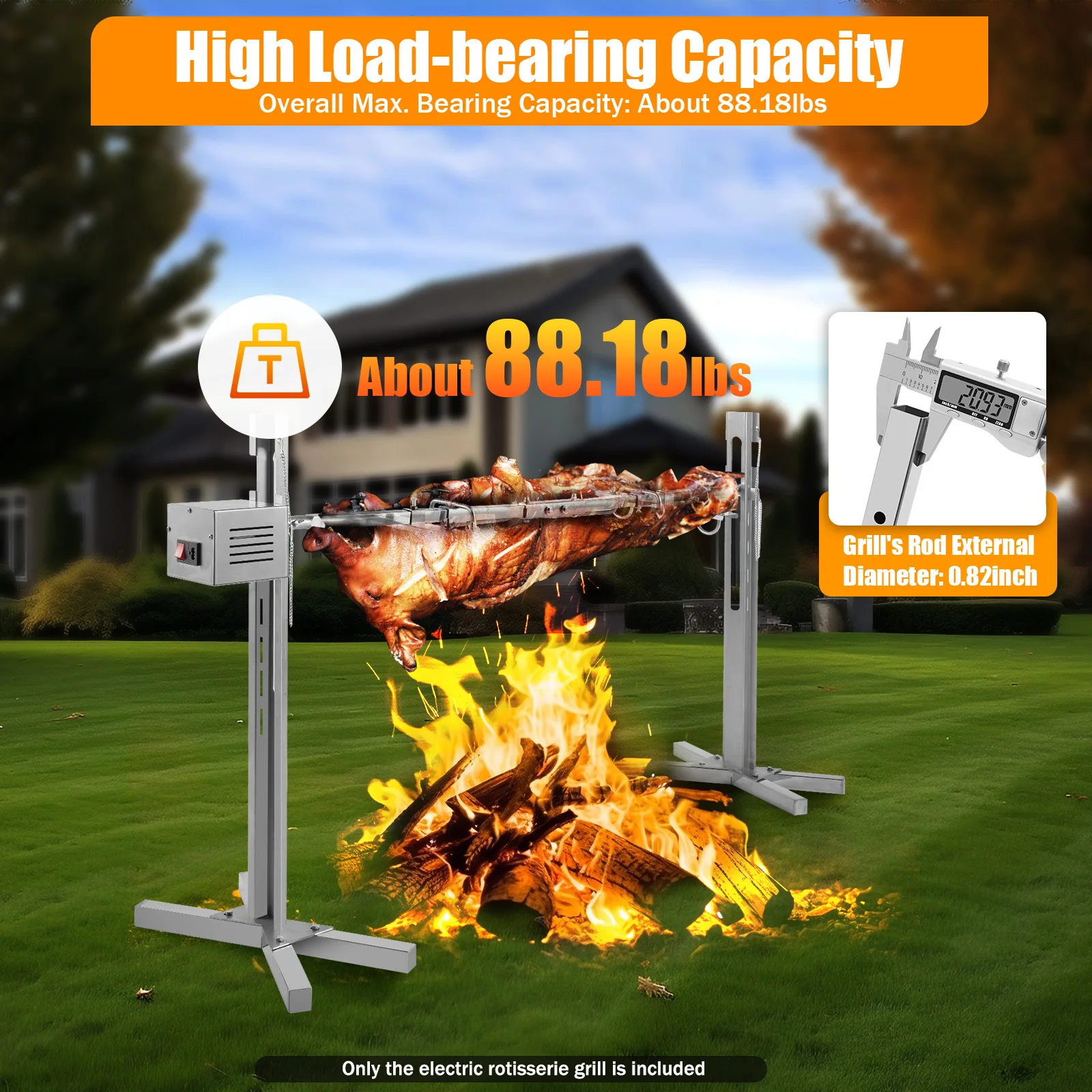 110V Electric Rotating Barbecue Rack 25W 88lbs Capacity 5 Height Adjustable Stainless Steel Grill for Camping Outdoor Party - Image 2