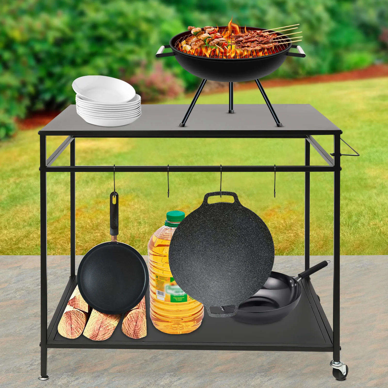 2 Tier Grill Cart Outdoor BBQ Table 44lbs Capacity Movable Cooking Table Worktable Trolley for Backyard Patio Garden - Image 4