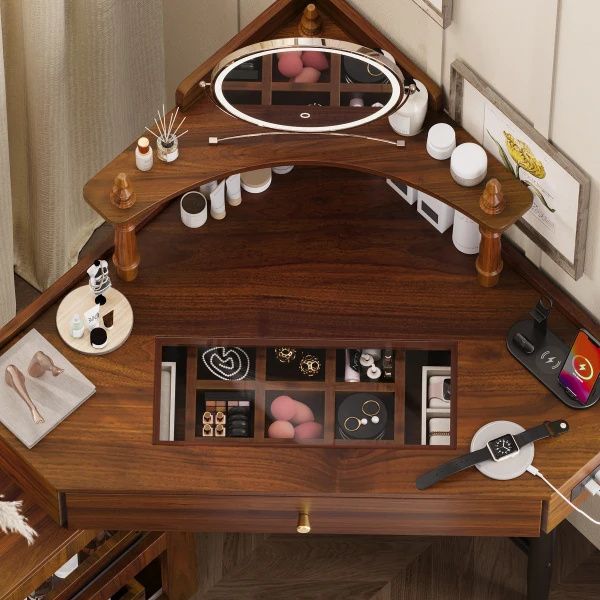 Vanity Desk Set with Storage Cushioned Stool and Charging Station, Triangle Makeup Desk with - Image 3