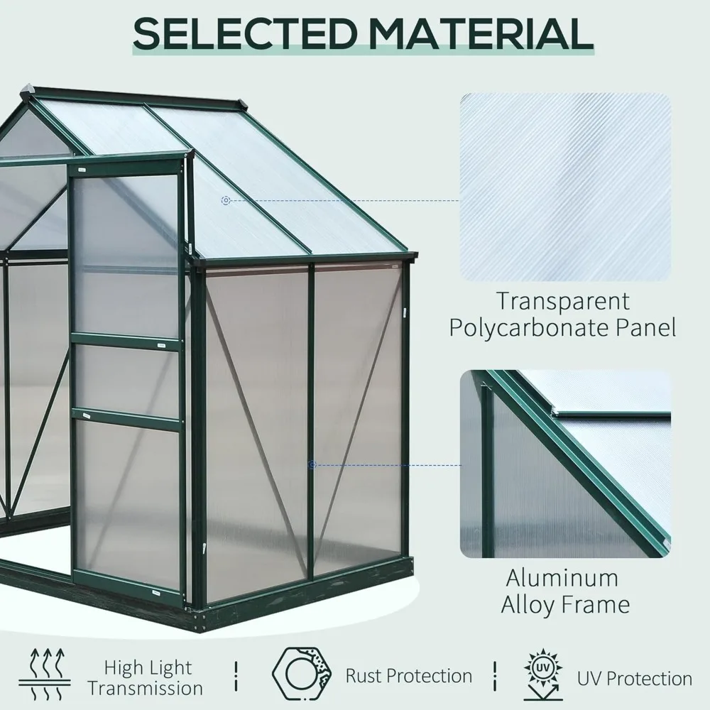 6' x 4' Greenhouse for Outdoors, Polycarbonate Greenhouse with Rain Gutter and Roof Vent, Aluminum Walk-in Green Houses - Image 6