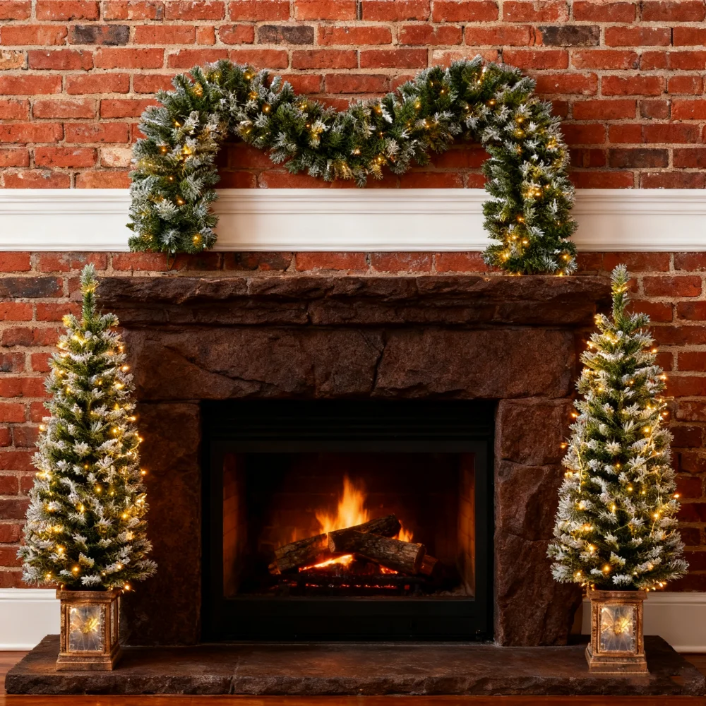 Christmas Lighted Decoration Set 3pcs Wreath & 2 Entrance Trees with LED Lights for Home Porch Indoor Outdoor Xmas Decor - Image 3