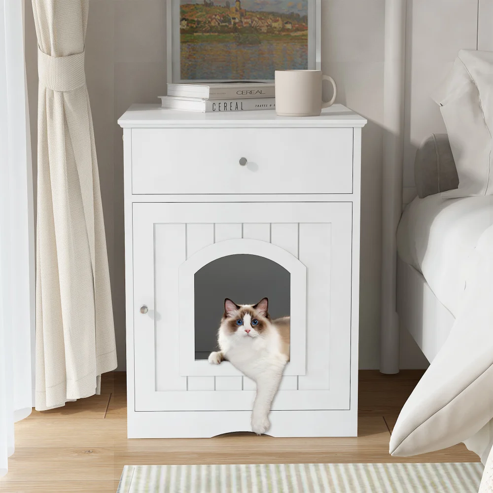Wooden Cat Litter Box Enclosure with Drawer Pet House Indoor Cat Crate Nightstand Side Table Pet Furniture - Image 3