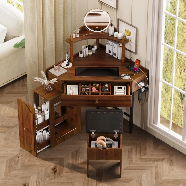 Vanity Desk Set with Storage Cushioned Stool and Charging Station, Triangle Makeup Desk with - Image 2