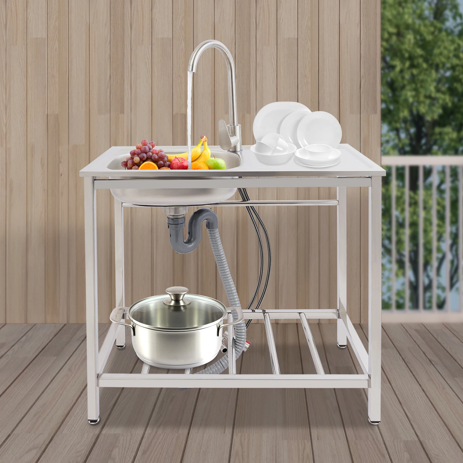 201 Stainless Steel Freestanding Sink with Faucet Hot Cold Water Large Basin 88lbs Capacity Bottom Shelf for Kitchen Garage - Image 2