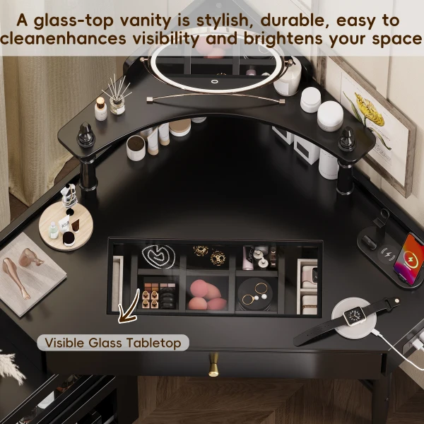 Vanity Desk Set with Storage Cushioned Stool and Charging Station, Triangle Makeup Desk with - Image 6