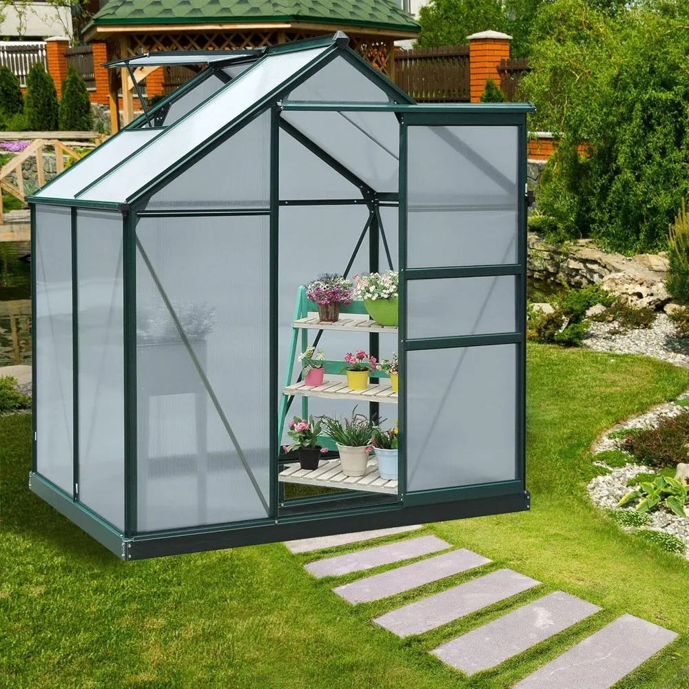 6' x 4' Greenhouse for Outdoors, Polycarbonate Greenhouse with Rain Gutter and Roof Vent, Aluminum Walk-in Green Houses - Image 2