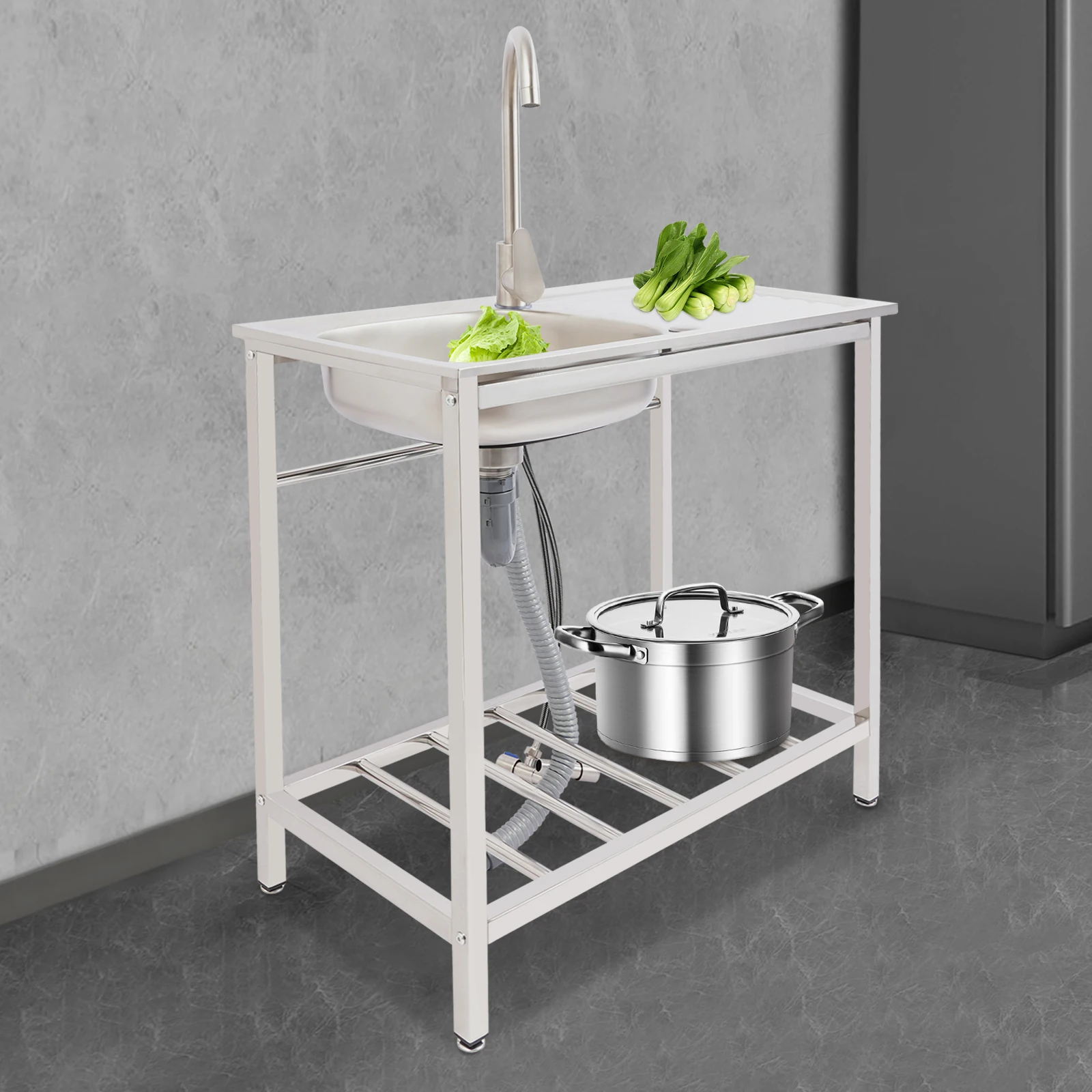 201 Stainless Steel Freestanding Sink with Faucet Hot Cold Water Large Basin 88lbs Capacity Bottom Shelf for Kitchen Garage - Image 3