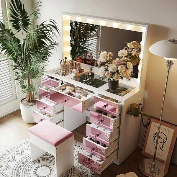 Makeup Vanity with 15 Bulbs, 3Color Lighting Modes Adjustable Brightness, Dressing Table with Visual - Image 2