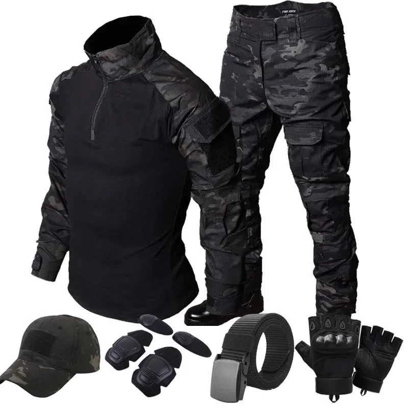 Camo Training Sets Mens 1/4 Zipper Combat Tops Tactical Suits Training Durable Shirts MCBK Multiple Pockets Wear-resisting