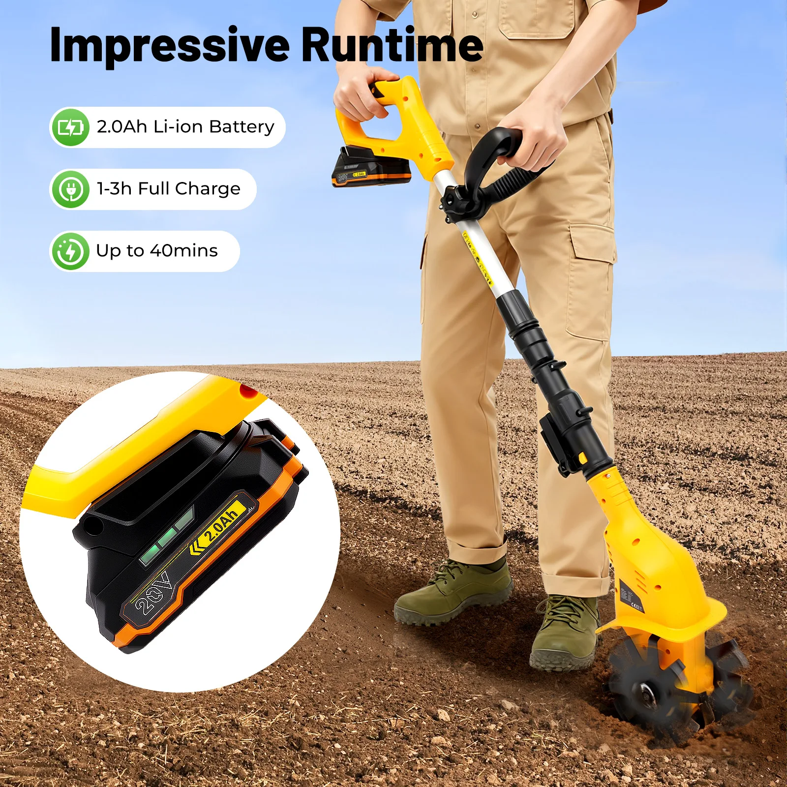 Cordless Garden Tiller Cultivator 9.84in Cutting Depth Battery Powered Soil Cultivator for Garden Farm Weeding Ditching Soil - Image 4