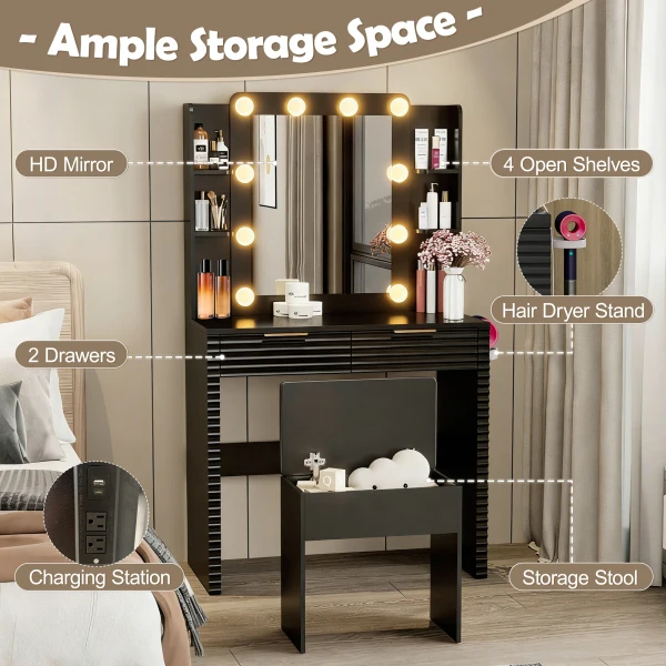 Makeup Vanity Desk with 10 Bulbs, Fluted Dressing Table with Charging Station, 2 Drawers and 4 Open - Image 3