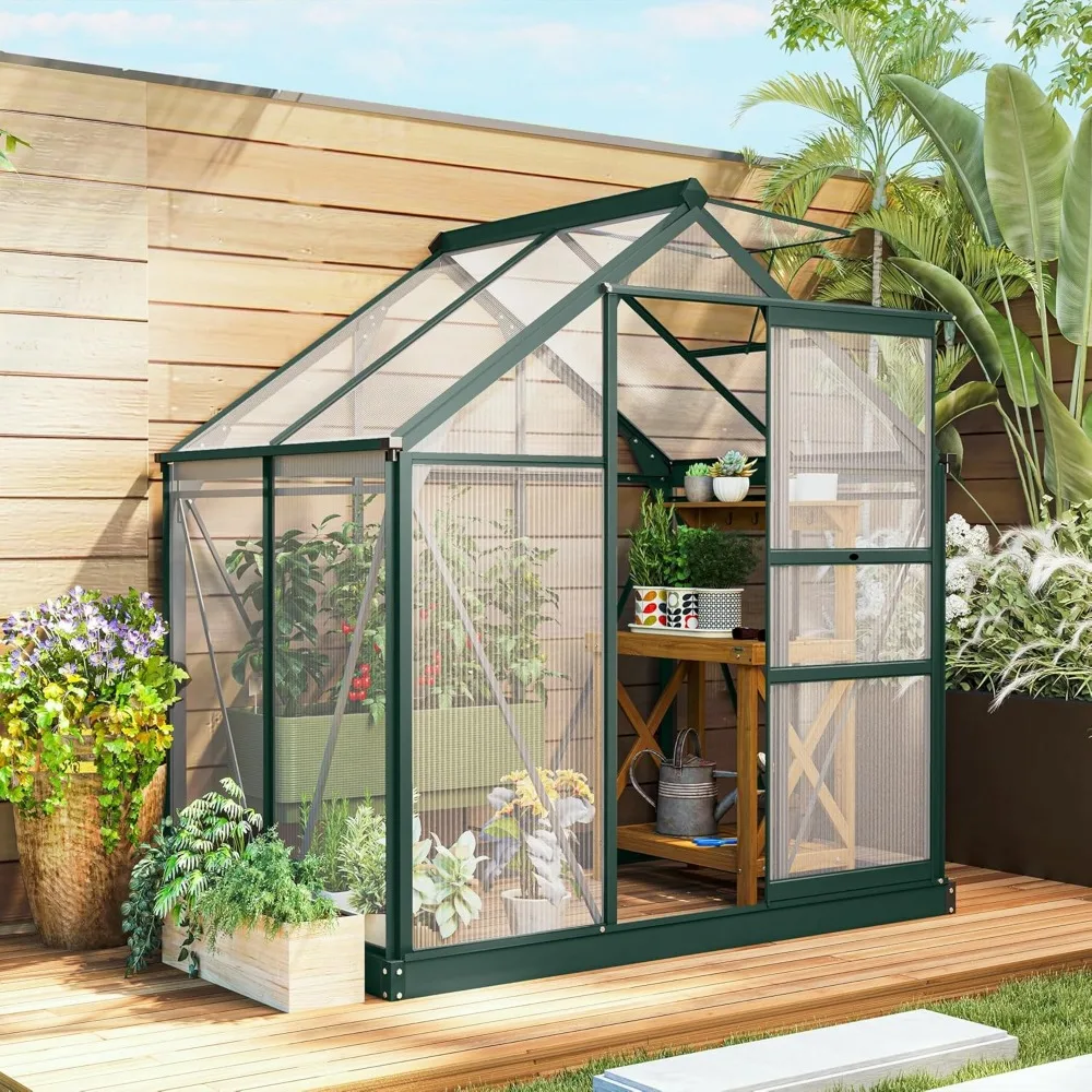 6' x 4' Greenhouse for Outdoors, Polycarbonate Greenhouse with Rain Gutter and Roof Vent, Aluminum Walk-in Green Houses - Image 3