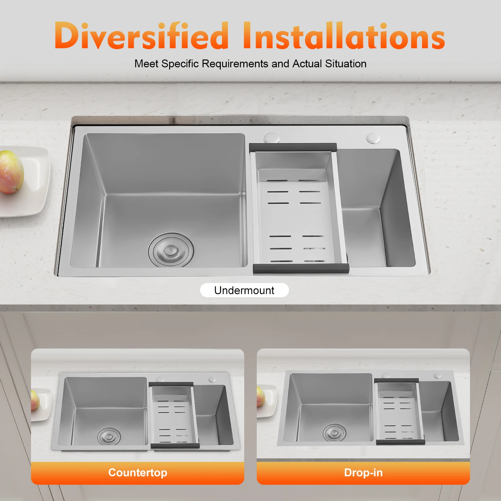 Stainless Steel Double Kitchen Sink Anti-Condensation Soundproof Pads with Drain Basket 78*43*21cm for Home Bar Restaurant - Image 3