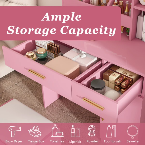 Vanity Desk with LED Mirror Lights and Power Outlet Charging Station, Makeup Dressing Table with 3 - Image 3