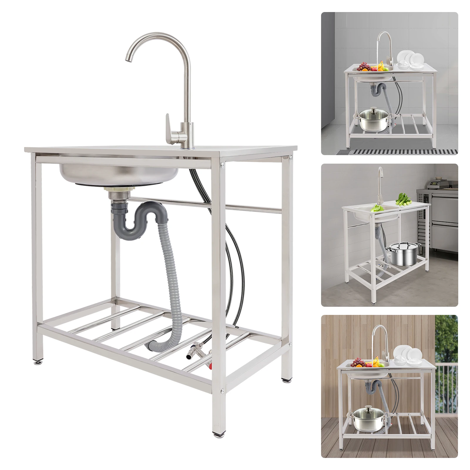 201 Stainless Steel Freestanding Sink with Faucet Hot Cold Water Large Basin 88lbs Capacity Bottom Shelf for Kitchen Garage