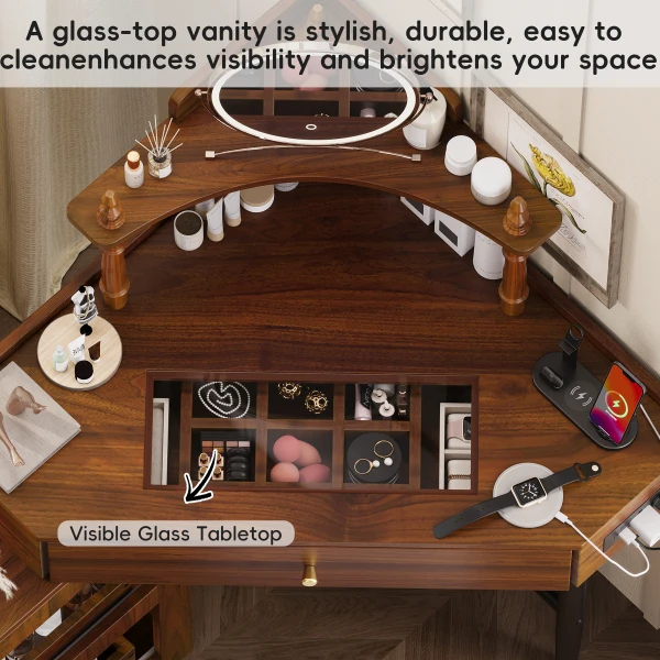 Vanity Desk Set with Storage Cushioned Stool and Charging Station, Triangle Makeup Desk with - Image 6