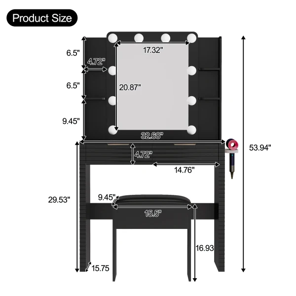 Makeup Vanity Desk with 10 Bulbs, Fluted Dressing Table with Charging Station, 2 Drawers and 4 Open - Image 5