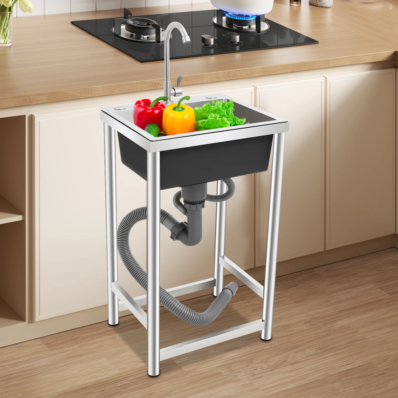 Stainless Steel Utility Sink Freestanding with Faucet Frame 110lbs Capacity Anti Condensation for Kitchen Garage Laundry Room - Image 2