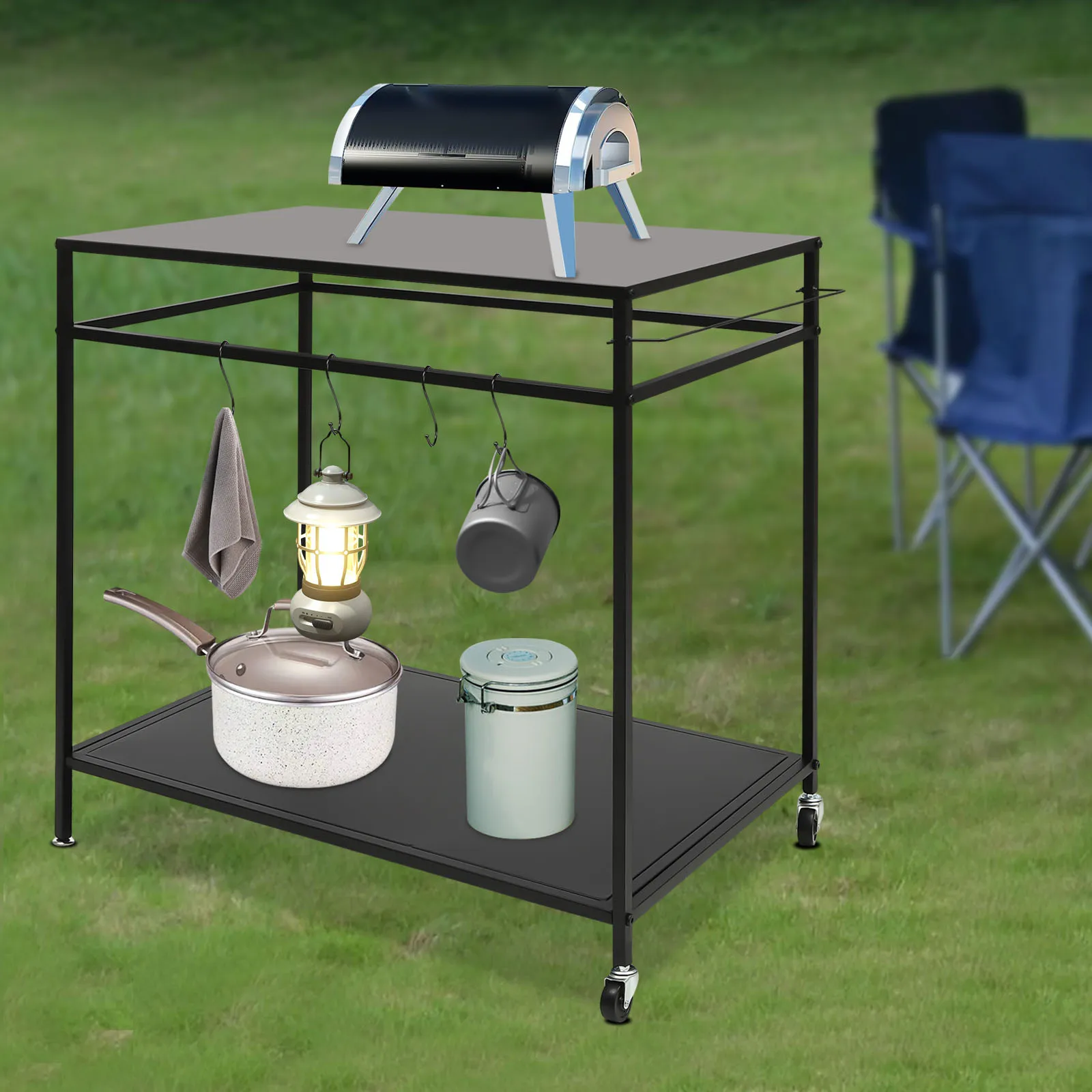 2 Tier Grill Cart Outdoor BBQ Table 44lbs Capacity Movable Cooking Table Worktable Trolley for Backyard Patio Garden