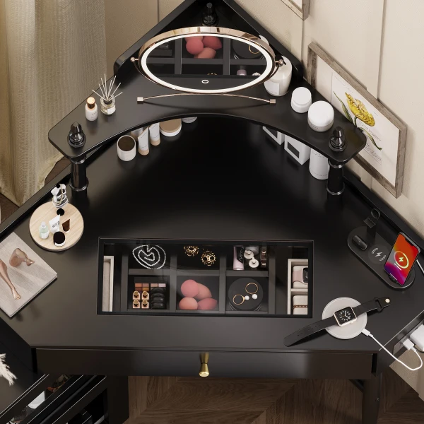 Vanity Desk Set with Storage Cushioned Stool and Charging Station, Triangle Makeup Desk with - Image 3