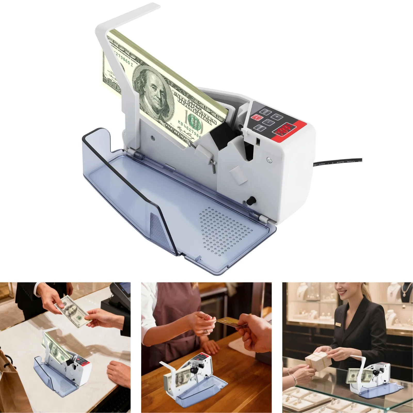 Portable Money Counting Machine 600 Sheets/Minute Banknote Counter with LED Display Batch ADD Mode for Small Business Bank