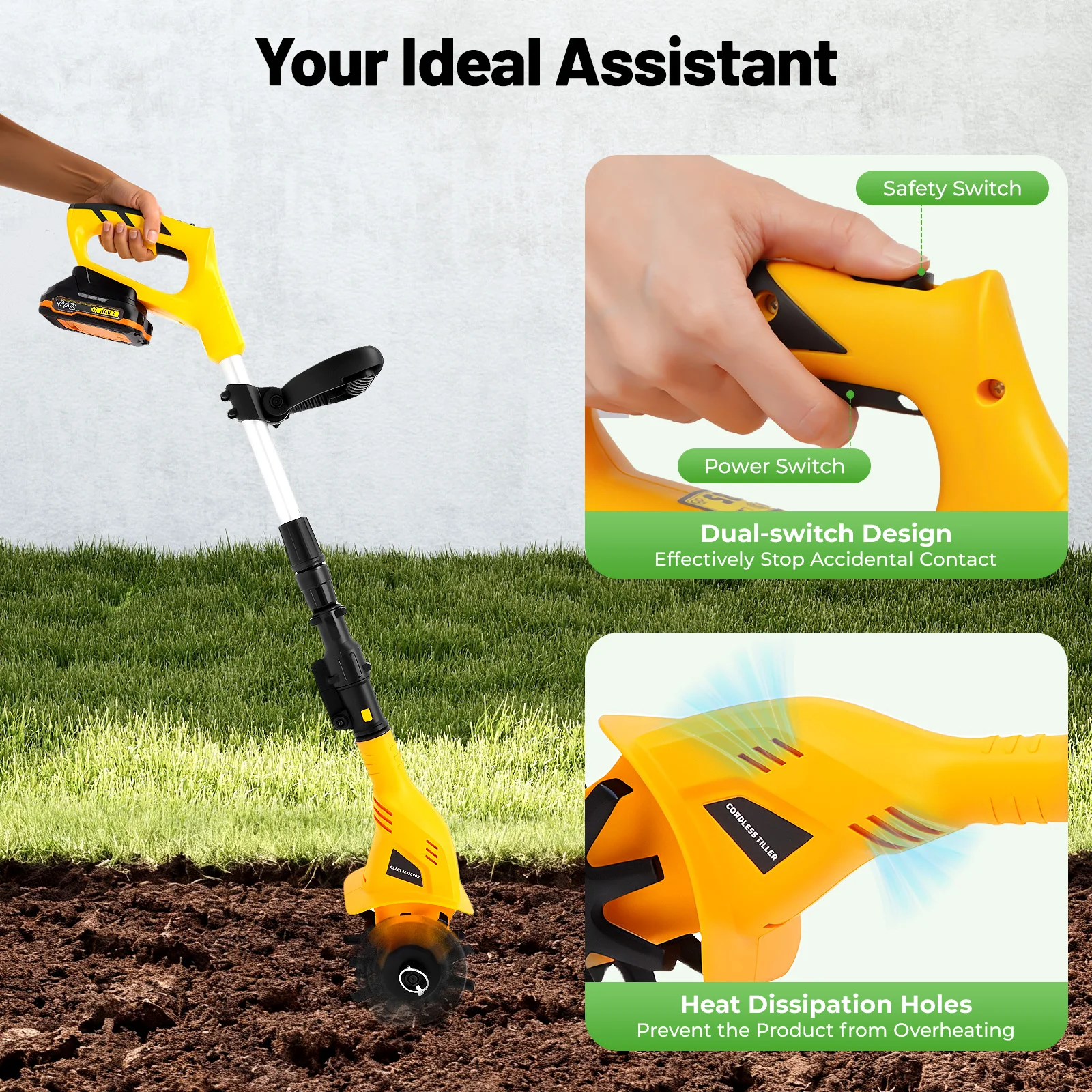 Cordless Garden Tiller Cultivator 9.84in Cutting Depth Battery Powered Soil Cultivator for Garden Farm Weeding Ditching Soil - Image 2