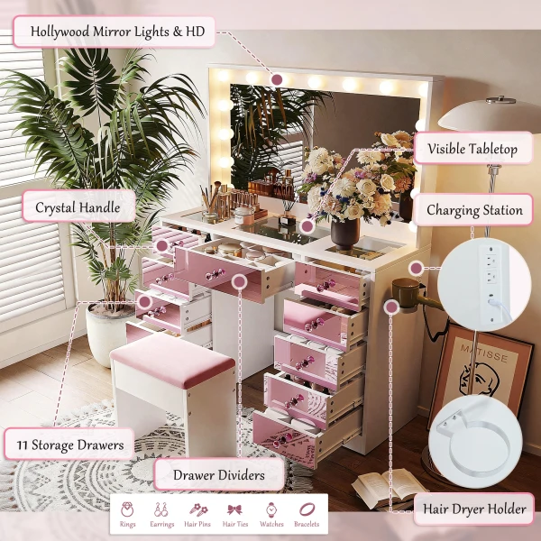 Makeup Vanity with 15 Bulbs, 3Color Lighting Modes Adjustable Brightness, Dressing Table with Visual - Image 5