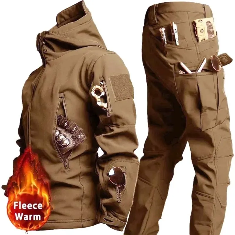 Winter Thicken Men Camo Suit Waterproof Tactical Training Set Multi-pocket Hooded Jacket Fleece Pants Outdoor Hunting 2-piece - Image 4