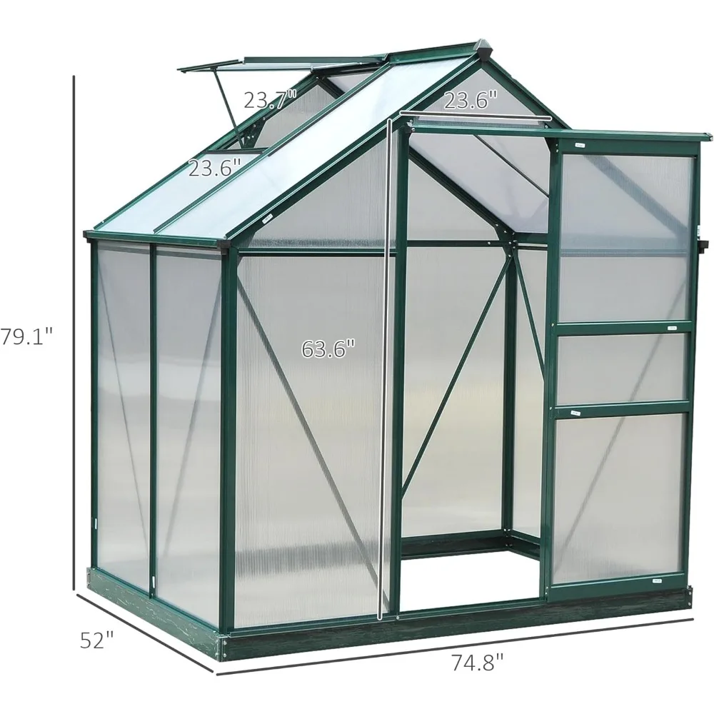 6' x 4' Greenhouse for Outdoors, Polycarbonate Greenhouse with Rain Gutter and Roof Vent, Aluminum Walk-in Green Houses - Image 5