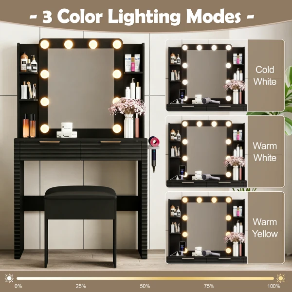 Makeup Vanity Desk with 10 Bulbs, Fluted Dressing Table with Charging Station, 2 Drawers and 4 Open - Image 4