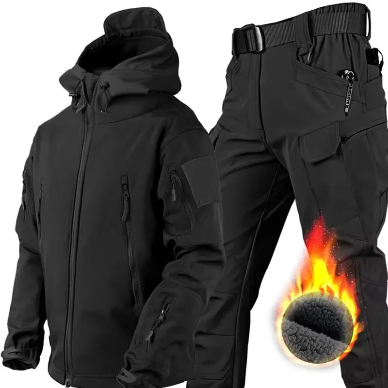 Winter Men Fleece Tactical Jacket Waterproof Suits Outdoor Cargo Pants Fishing Training Hiking Camping Tracksuits Coat Thermal