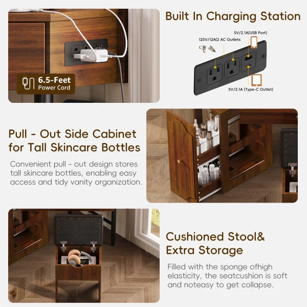 Vanity Desk Set with Storage Cushioned Stool and Charging Station, Triangle Makeup Desk with - Image 4