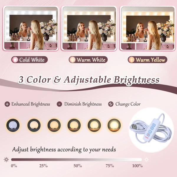 Makeup Vanity with 15 Bulbs, 3Color Lighting Modes Adjustable Brightness, Dressing Table with Visual - Image 4